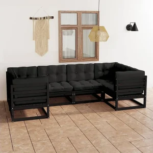 6peças conjunto longue de jardim com almofadões pinho maciço preto