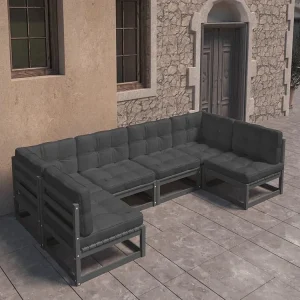 6peças conjunto longue de jardim com almofadões pinho maciço preto