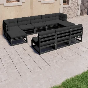 8peças conjunto longue de jardim com almofadões pinho maciço preto