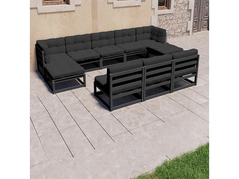 8peças conjunto longue de jardim com almofadões pinho maciço preto
