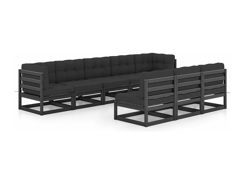 8peças conjunto longue de jardim com almofadões pinho maciço preto