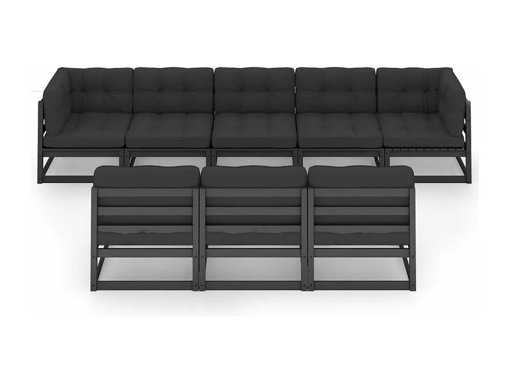 8peças conjunto longue de jardim com almofadões pinho maciço preto