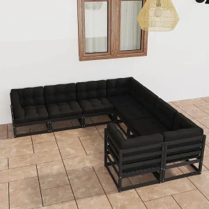 8peças conjunto longue de jardim com almofadões pinho maciço preto