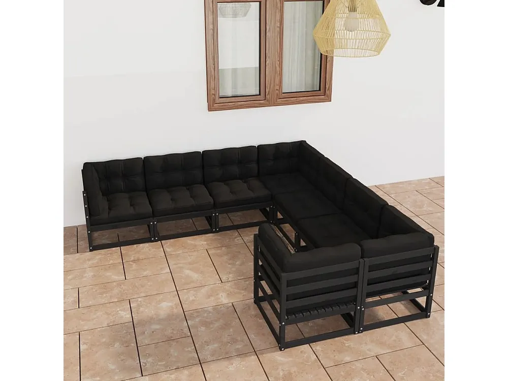 8peças conjunto longue de jardim com almofadões pinho maciço preto