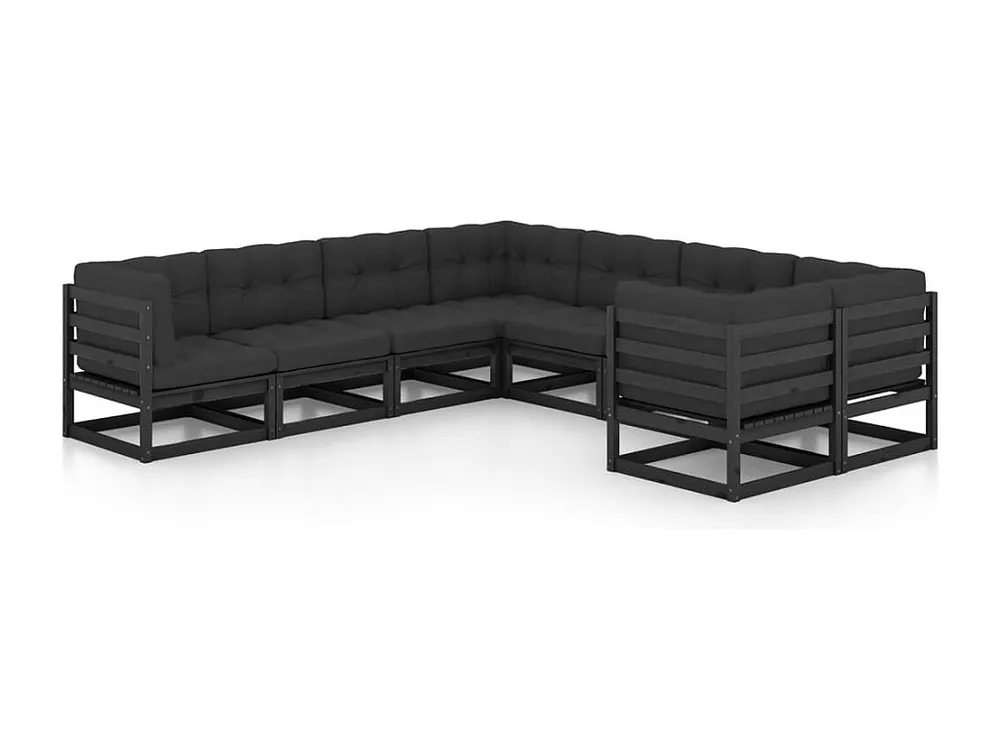 8peças conjunto longue de jardim com almofadões pinho maciço preto