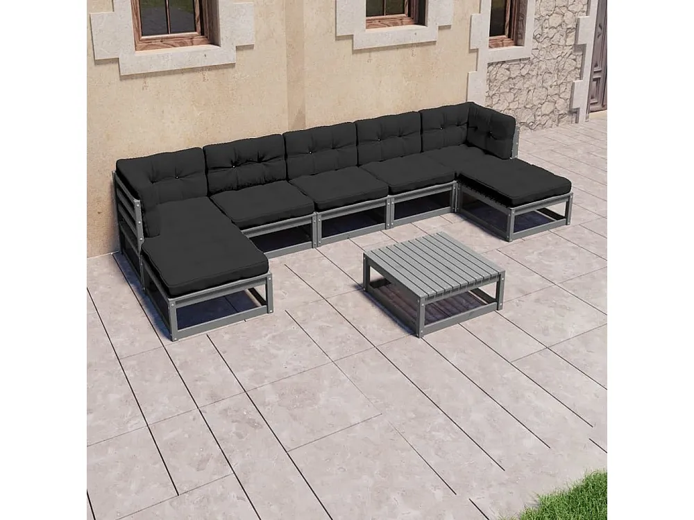 8peças conjunto lounge de jardim com almofadões pinho maciço cinza