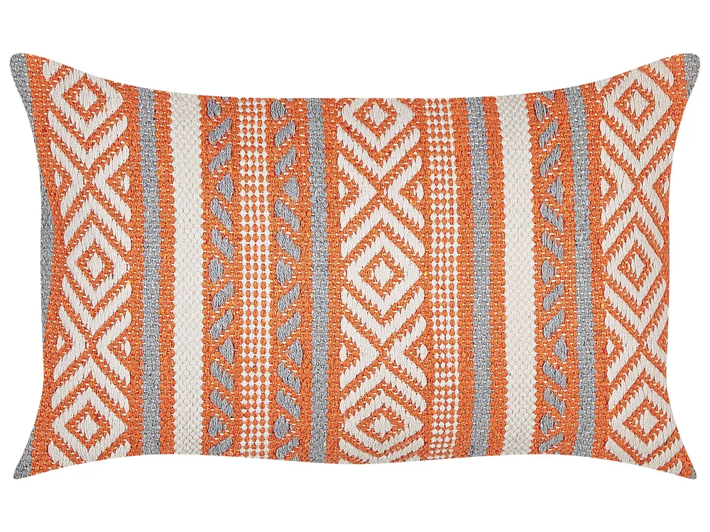 Almofada decorativa em algodão laranja e branco com típico geométrico 30 x 50 cm INULA