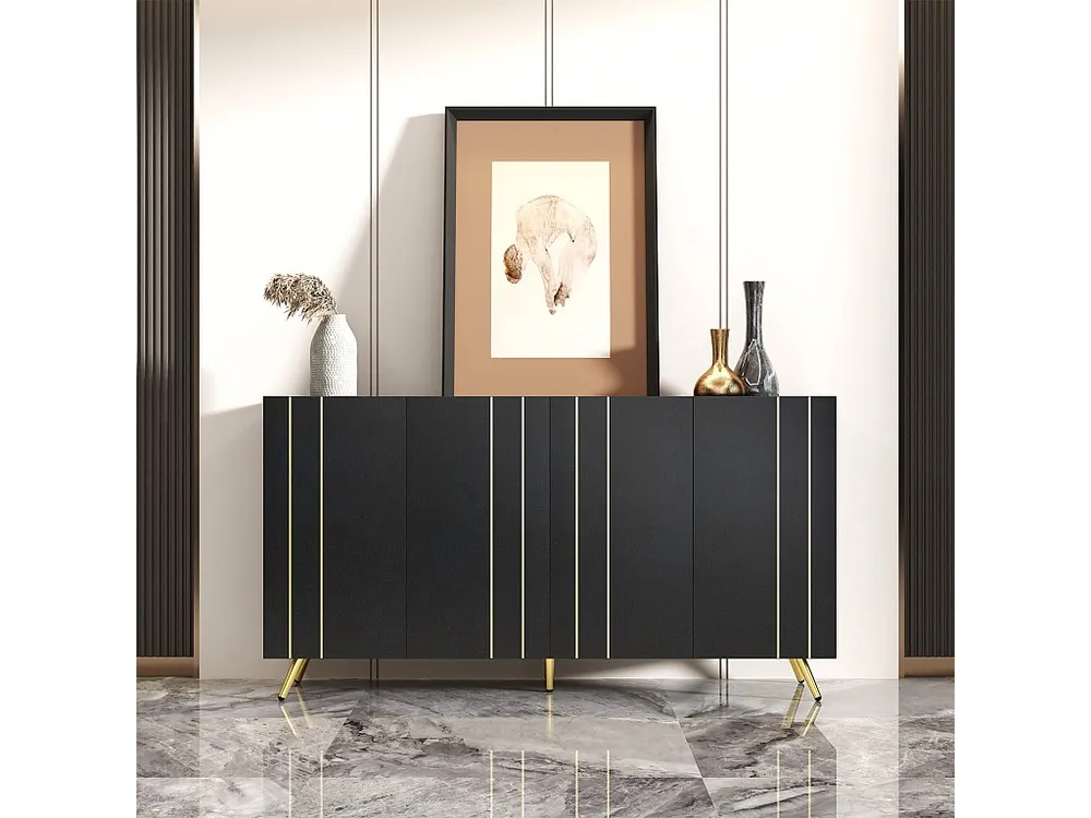 Aparador com 4 portas - 160 x 38 x 80 cm - Aglomerado e metálico dourado - Preto