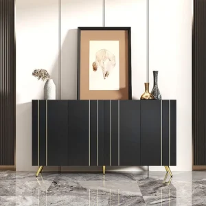 Aparador com 4 portas - 160 x 38 x 80 cm - Aglomerado e metálico dourado - Preto