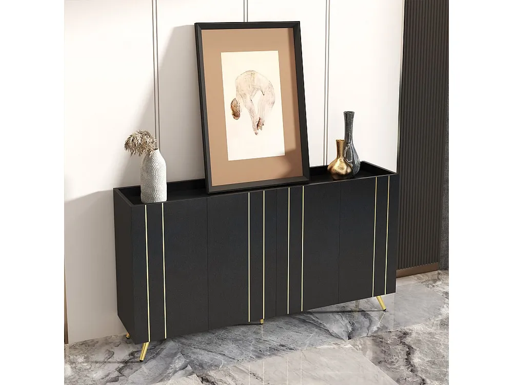 Aparador com 4 portas - 160 x 38 x 80 cm - Aglomerado e metálico dourado - Preto