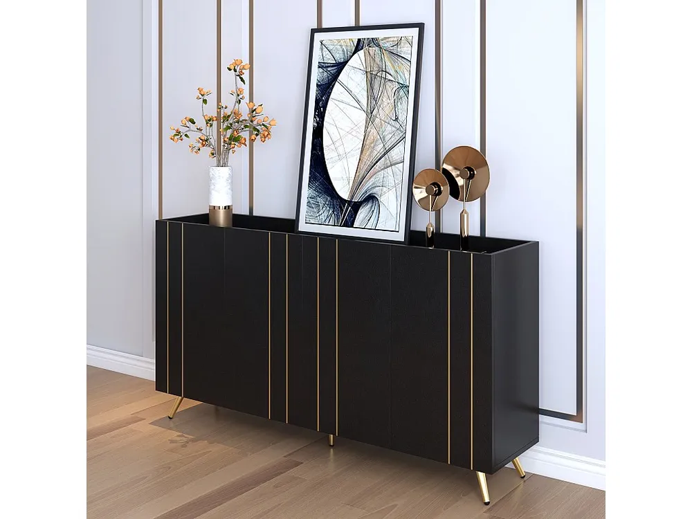 Aparador com 4 portas - 160 x 38 x 80 cm - Aglomerado e metálico dourado - Preto