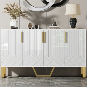 Aparador moderno - 4 portas texturadas gravadas com puxadores dourados - Branco