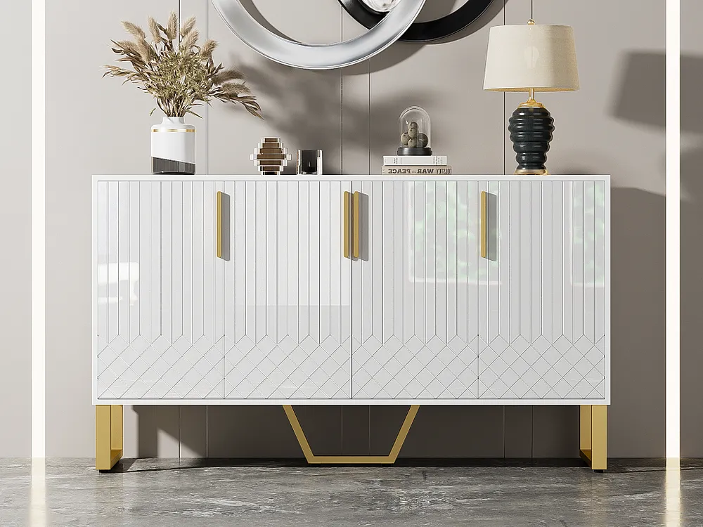 Aparador moderno - 4 portas texturadas gravadas com puxadores dourados - Branco