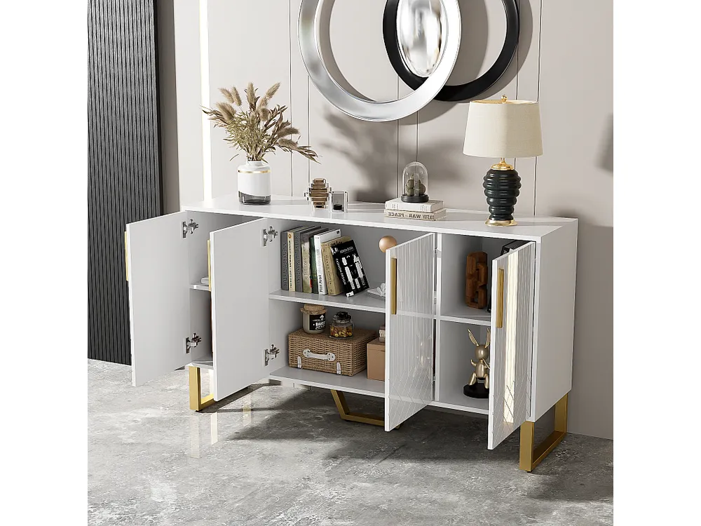 Aparador moderno - 4 portas texturadas gravadas com puxadores dourados - Branco