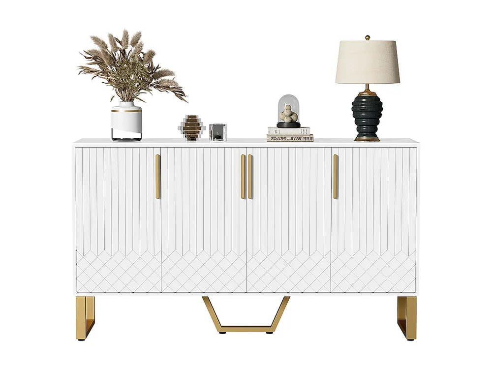 Aparador moderno - 4 portas texturadas gravadas com puxadores dourados - Branco