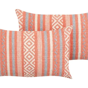 Conjunto de 2 almofadas decorativas em algodão laranja e branco com habitual geométrico 30 x 50 cm INULA