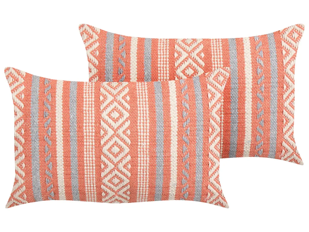 Conjunto de 2 almofadas decorativas em algodão laranja e branco com habitual geométrico 30 x 50 cm INULA