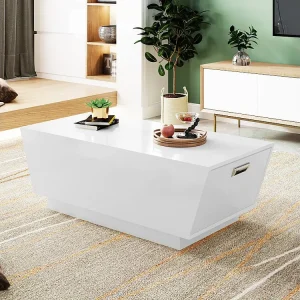 Mesa de centro trapezoidal invertida com 2 portas - Puxadores embutidos - LEDs - 100 x 50 x 35,1 cm - Aglomerado - Branco...