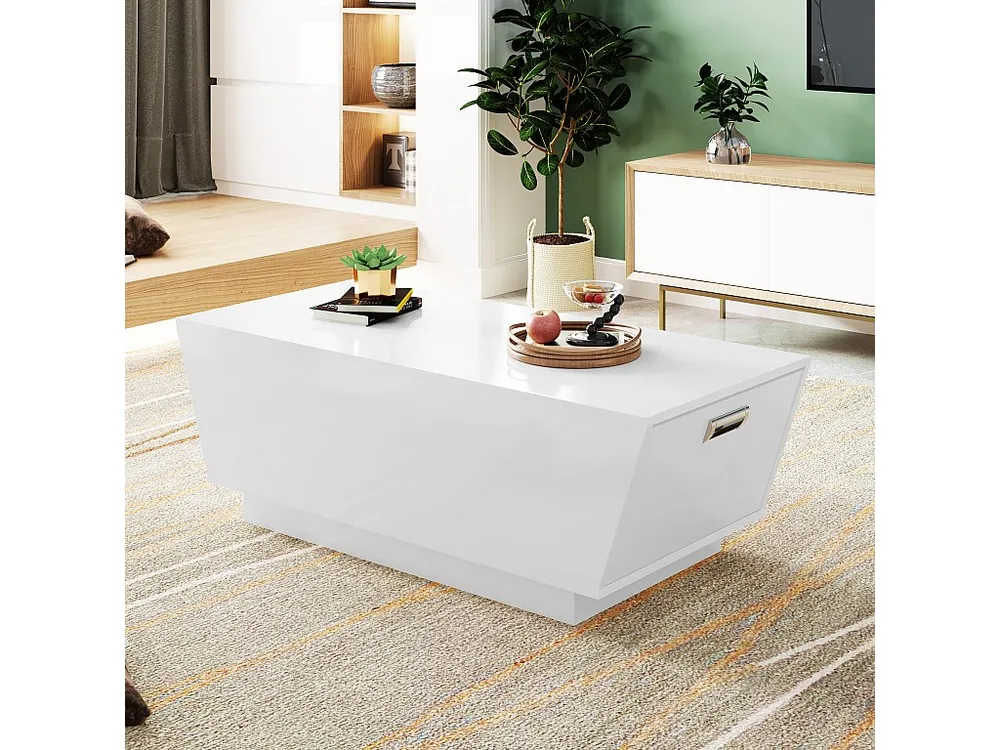 Mesa de centro trapezoidal invertida com 2 portas - Puxadores embutidos - LEDs - 100 x 50 x 35,1 cm - Aglomerado - Branco...
