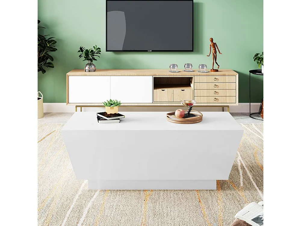 Mesa de centro trapezoidal invertida com 2 portas - Puxadores embutidos - LEDs - 100 x 50 x 35,1 cm - Aglomerado - Branco...