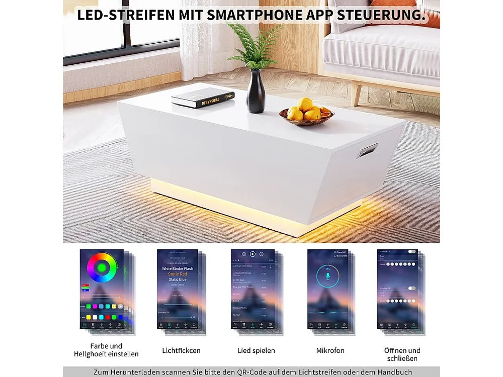 Mesa de centro trapezoidal invertida com 2 portas - Puxadores embutidos - LEDs - 100 x 50 x 35,1 cm - Aglomerado - Branco...