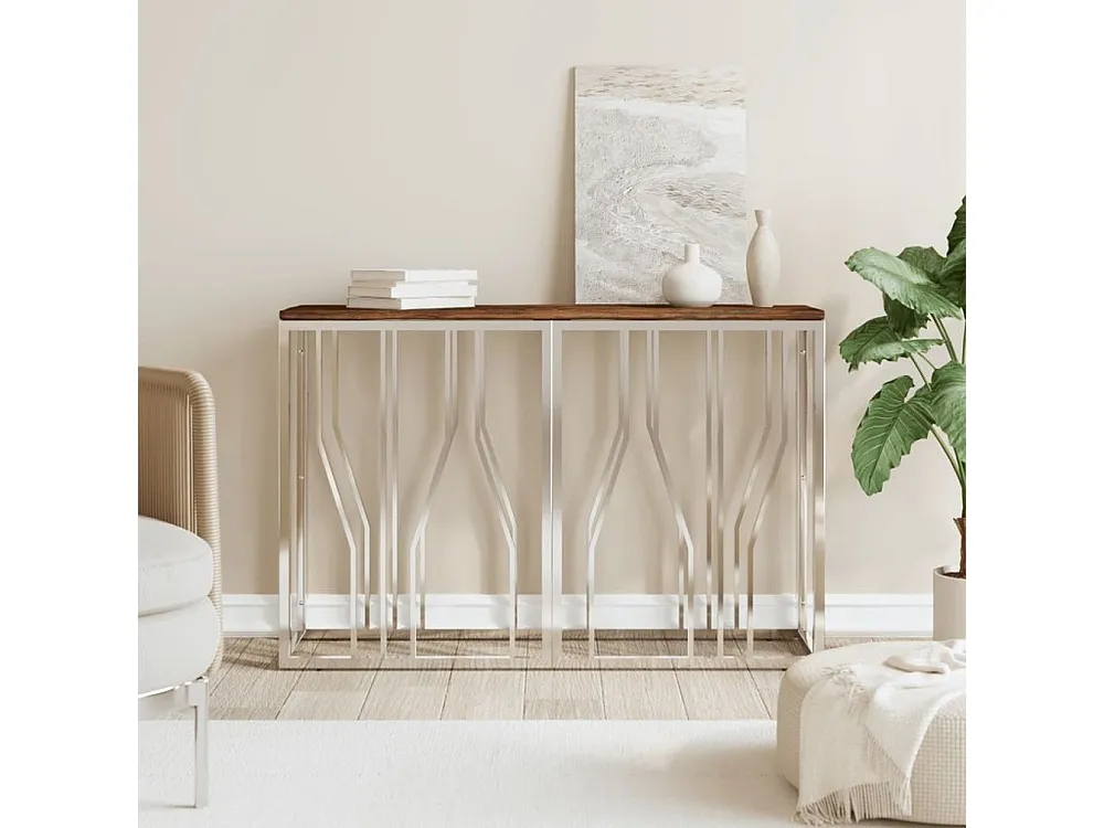 Mesa consola ço inoxidável e madeira recuperada maciç