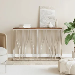 Mesa consola ço inoxidável e madeira recuperada maciç