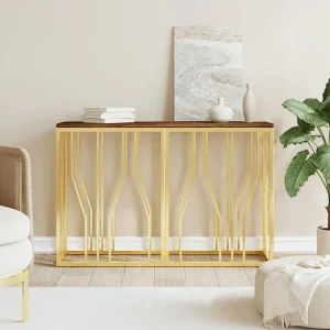 Mesa consola ço inoxidável/madeira recuperada maciç dourado