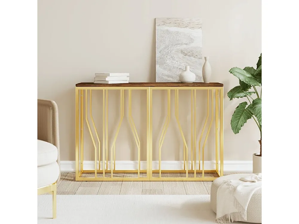 Mesa consola ço inoxidável/madeira recuperada maciç dourado