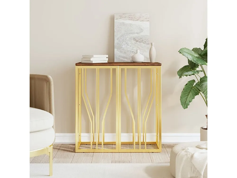 Mesa consola ço inoxidável/madeira recuperada maciç dourado
