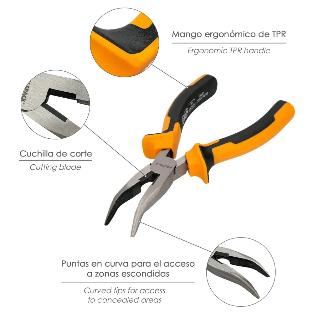 Alicate de bico curvo de 150 mm. Alicate de bico curvo de ço DIN 5745, alicate de bico longo curvo,
