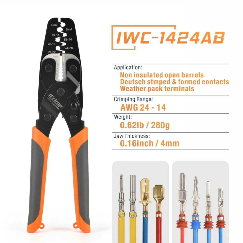 Crimpador de terminais de cilindro aberto e pacote de proteção contra intempéries IWC-1424AB para AWG 24-14 com decapador...