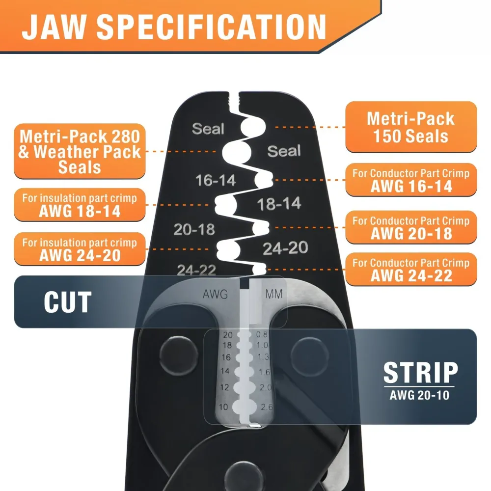 Crimpador de terminais de cilindro aberto e pacote de proteção contra intempéries IWC-1424AB para AWG 24-14 com decapador...