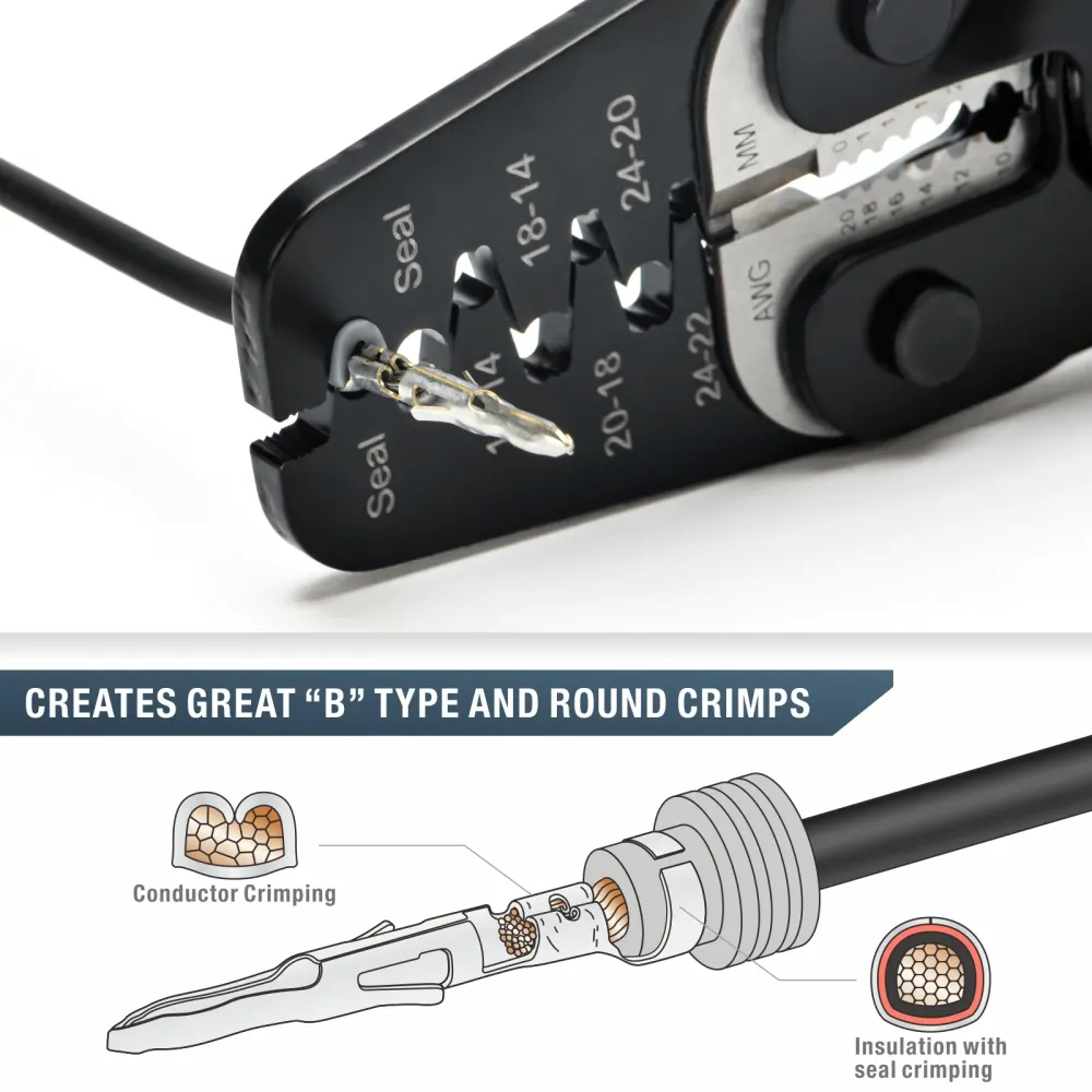 Crimpador de terminais de cilindro aberto e pacote de proteção contra intempéries IWC-1424AB para AWG 24-14 com decapador...