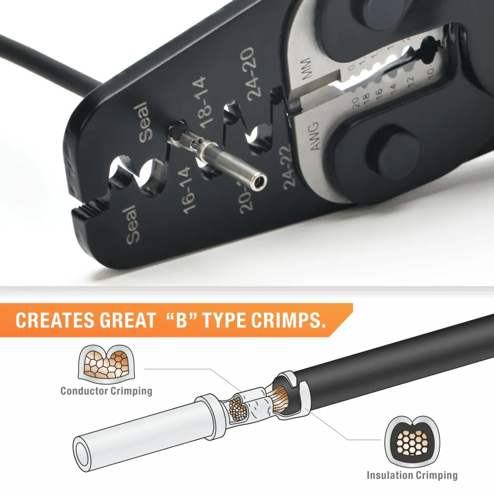 Crimpador de terminais de cilindro aberto e pacote de proteção contra intempéries IWC-1424AB para AWG 24-14 com decapador...