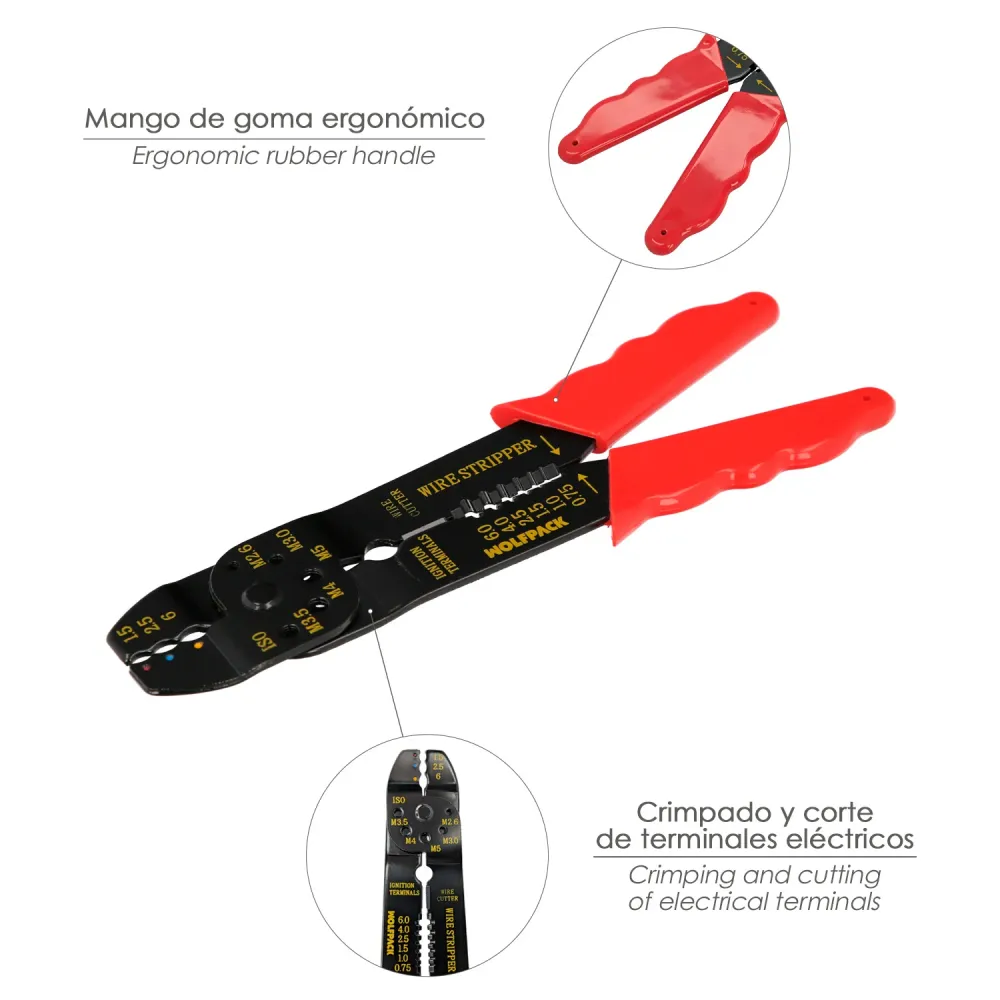 Alicate de crimpagem de terminais com decapador de fios de 195 mm.