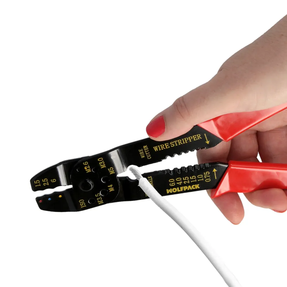 Alicate de crimpagem de terminais com decapador de fios de 195 mm.