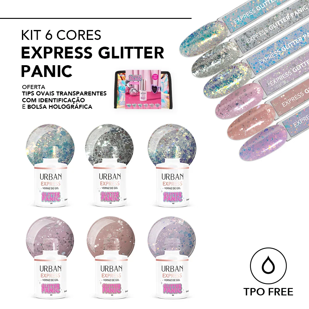 Kit Verniz Gel 6 Cores Express Glitter Panic (#1 #6) com Pintura Pronta