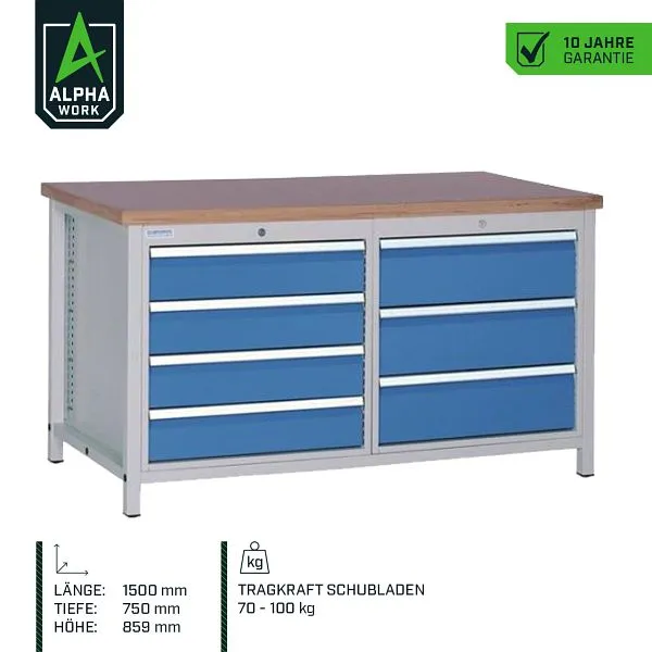 Bancada Alpha Work, 1500 x 859 x 750 mm, caixa: cinza evidente, painéis: azul genciana, diferentes alturas do painel, 07673