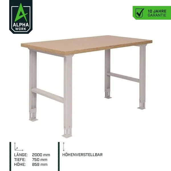 Bancada Alpha Work Prime Row, 2000 x 859 x 750 mm, cinza evidente, altura regulável, 07671