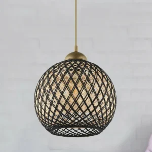 Suspensão Berleda D22cm Metálico Ouro e Algodão Preto e Bege
