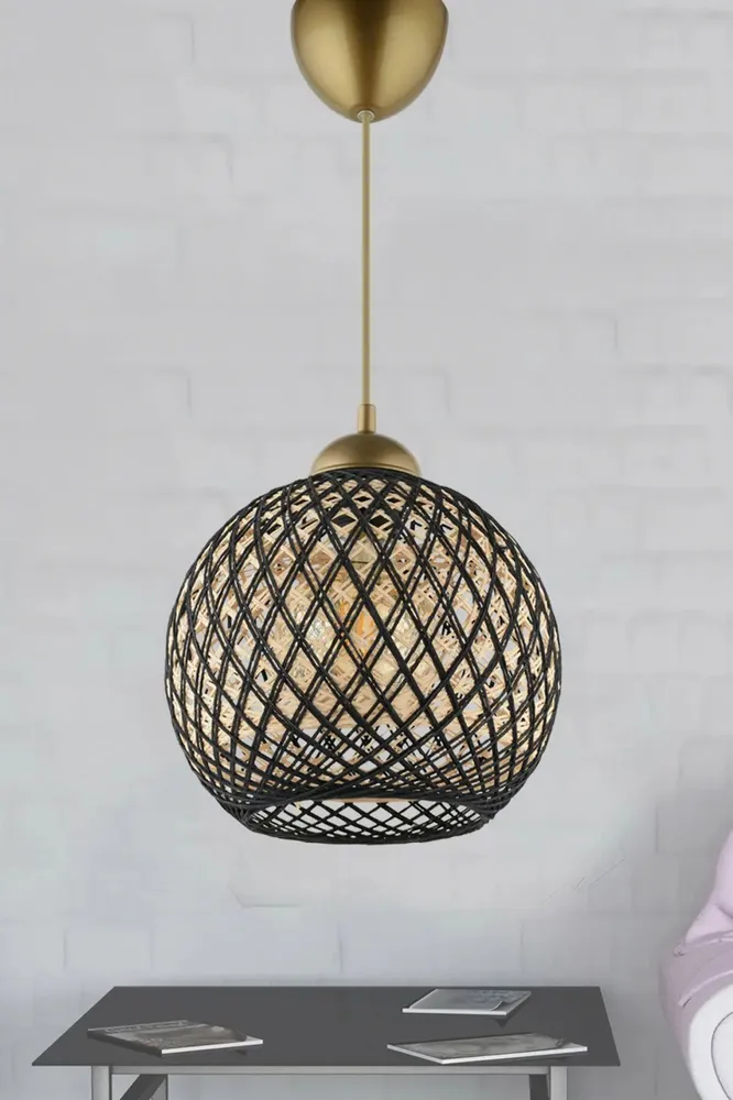 Suspensão Berleda D22cm Metálico Ouro e Algodão Preto e Bege