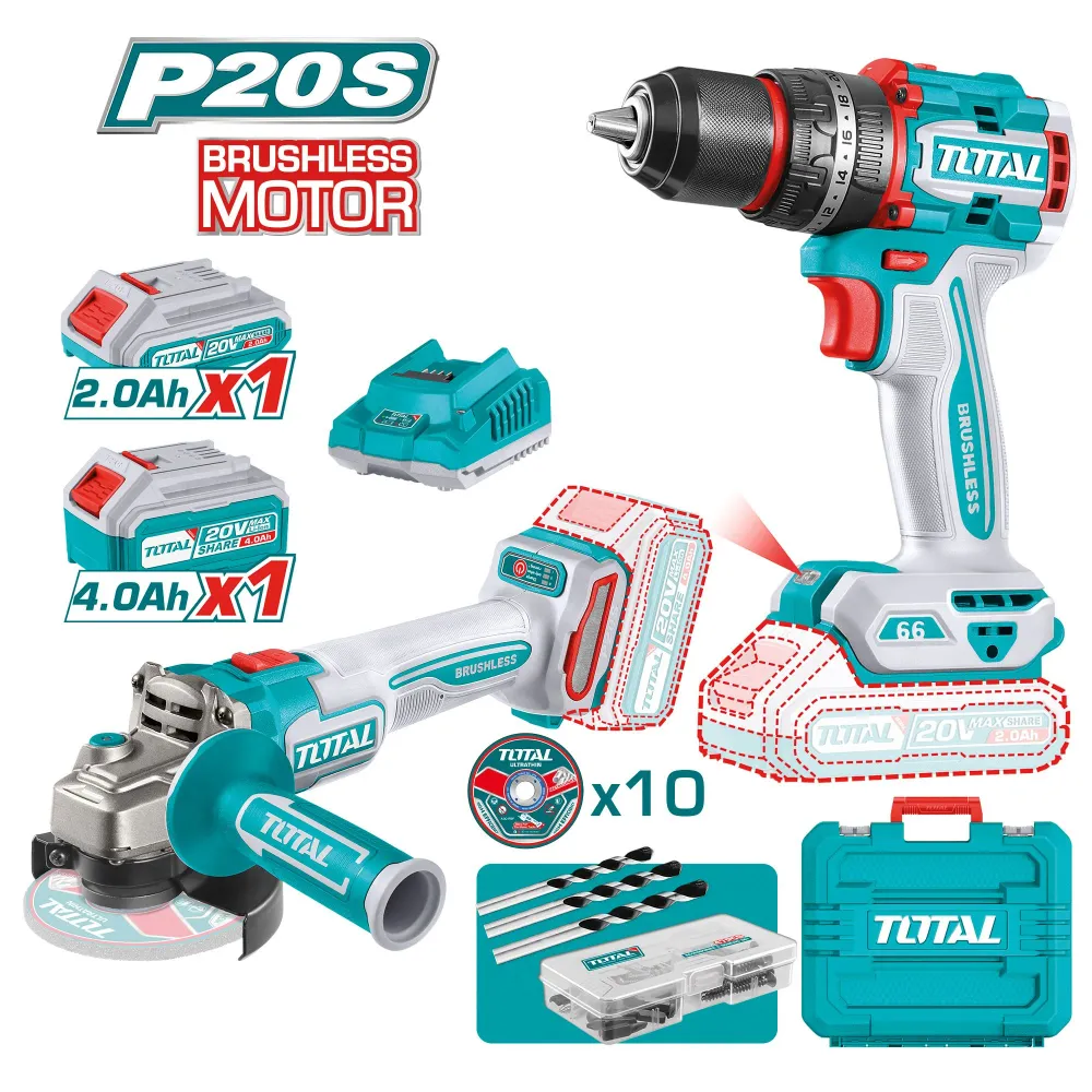 PACK APARAFUSADORA COM PERCUSSÃO + REBARBADORA BRUSHLESS BATERIA MOD. TCKLI20273E