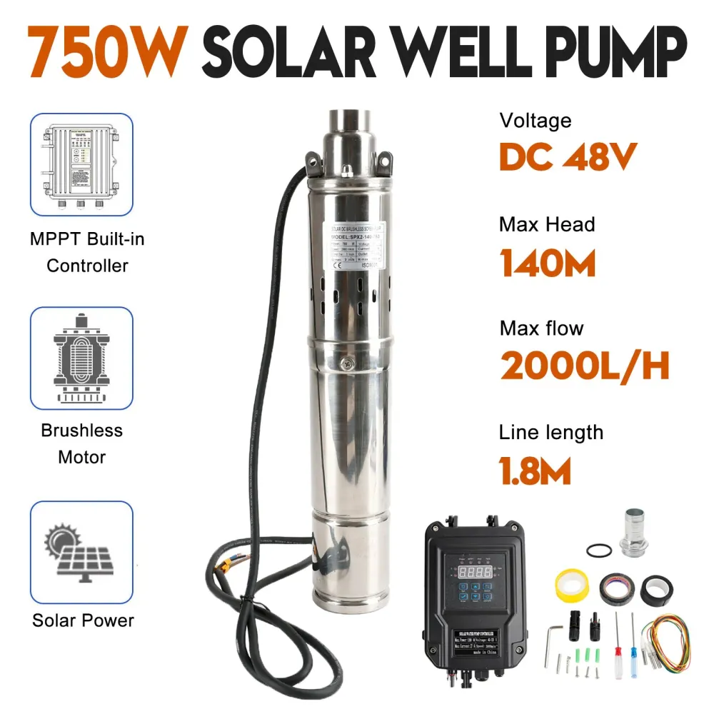 3" Bomba de furo solar de parafuso MPPT 48V 750W submersível poço profundo ço