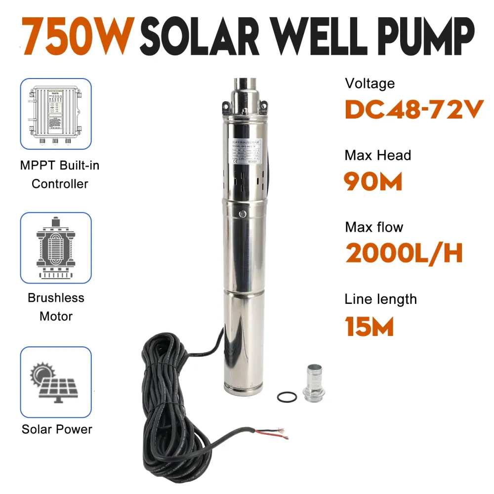 3" Bomba de água submersível solar de poço profundo de 48 V e 750 W para poço profundo com MPPT integrado