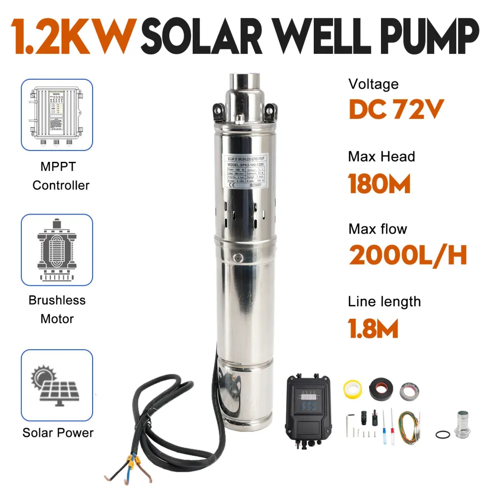 3" Bomba de água submersível solar de poço profundo de 72 V e 1,2 kW com cabeç de 180 m
