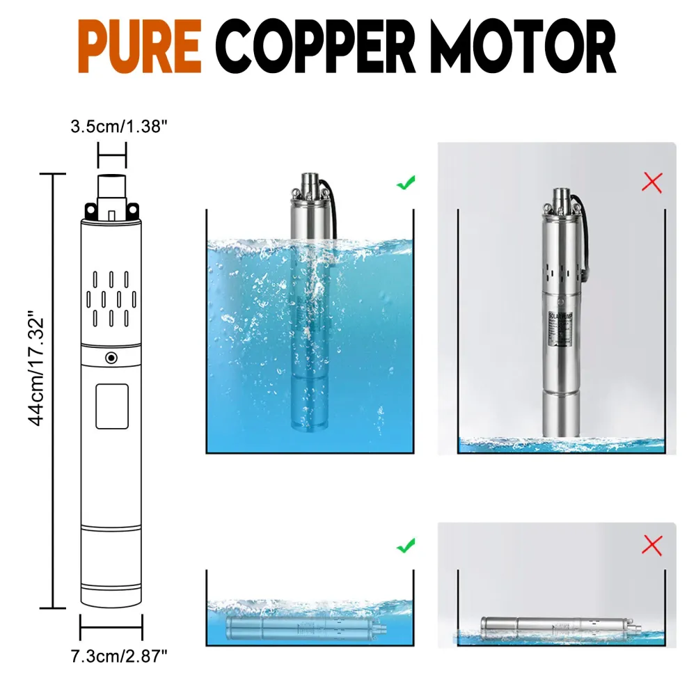 3" Bomba de água submersível solar de poço profundo de 72 V e 1,2 kW com cabeç de 180 m