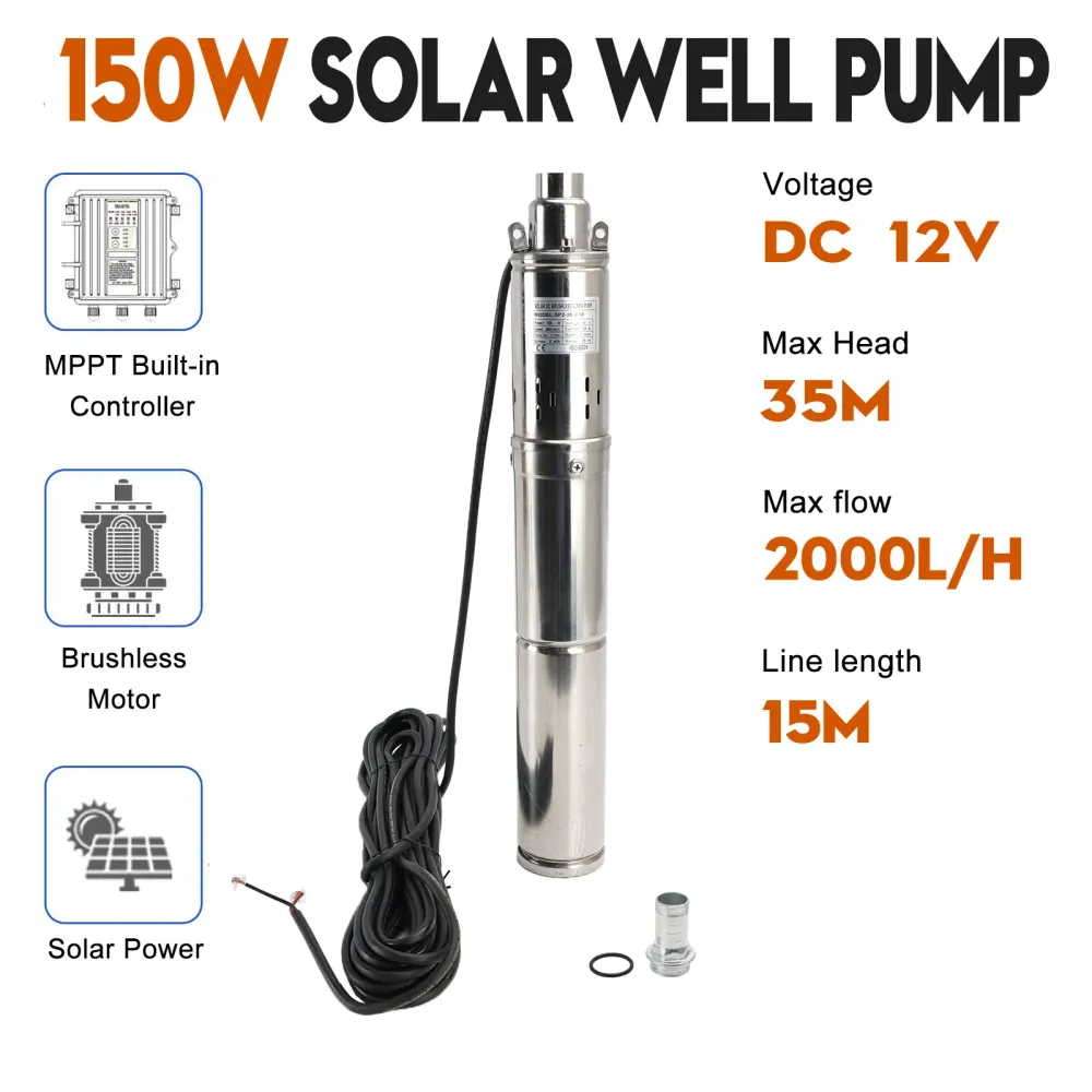 3" Bomba de água submersível solar de poço profundo de 12 V e 150 W para poço profundo com MPPT integrado