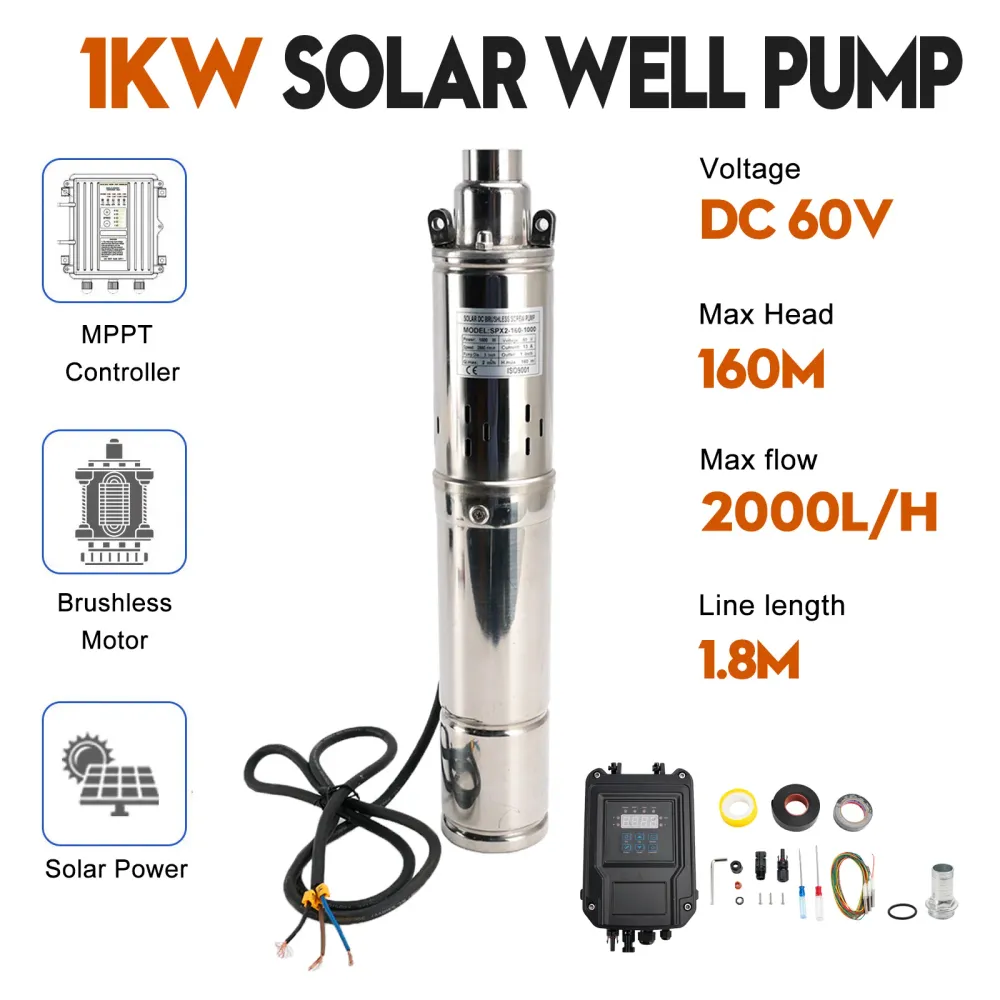 3" Bomba solar de parafuso MPPT 60V 1KW submersível para poço profundo com cabeç de ço de 160 m