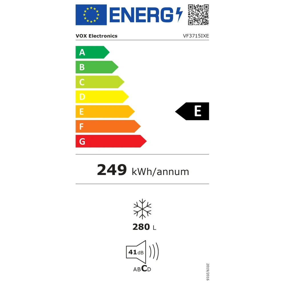 Congelador Vertical Vox VF3715IXE | 280L, No Frost, Classe E para Sistemas R134a